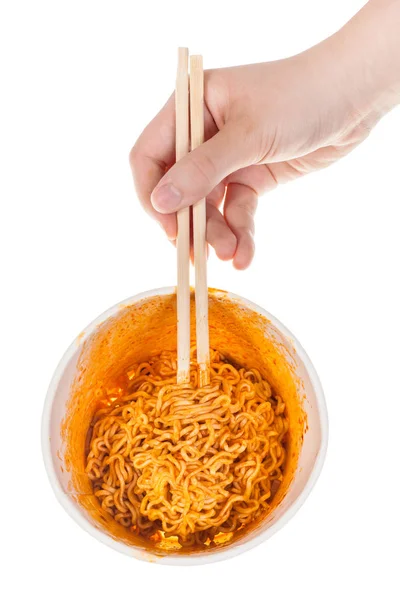 Hand Keeps Wooden Chopsticks Prepared Spicy Instant Noodles Isolated White — Stock Photo, Image