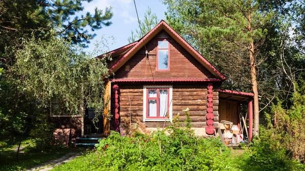 ロシアのトヴェリ地域で日当たりの良い夏の日の緑豊かな庭園で農村のログハウス — ストック写真