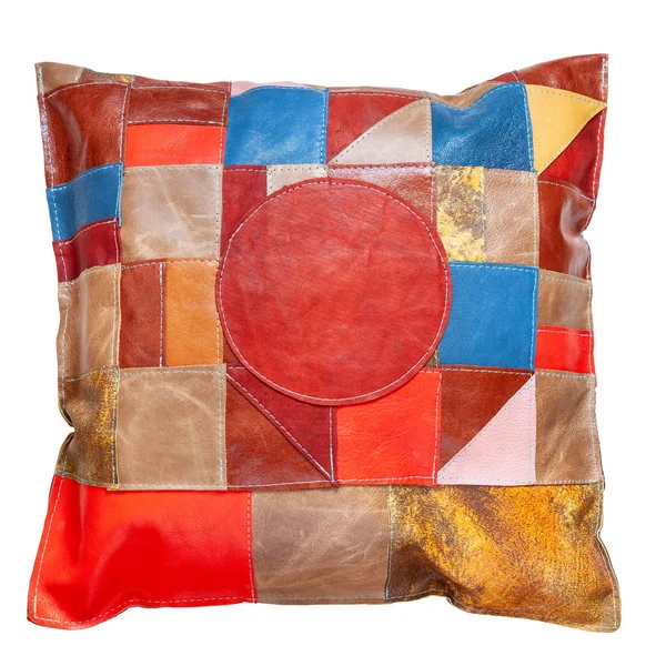 Almohada Cuero Patchwork Motley Hecho Mano Aislado Sobre Fondo Blanco — Foto de Stock