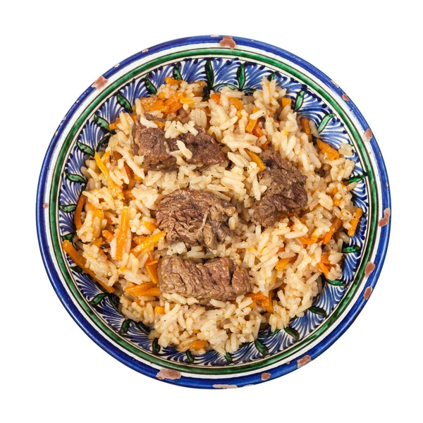 Vista Superior Pilaf Cocido Plato Asia Central Arroz Con Carne — Foto de Stock
