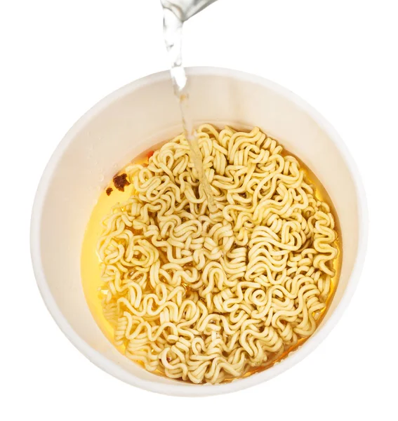Cooking Instant Noodles Water Trickle Flows Cup Dried Instant Noodles — Stock Photo, Image