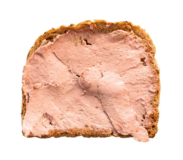 Pohled Shora Sandwich Chléb Paštikou Izolované Bílém Pozadí — Stock fotografie