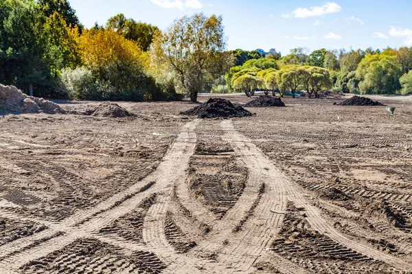 Construction New Lawn Urban Park Sunny Autumn Day — Stock Photo, Image