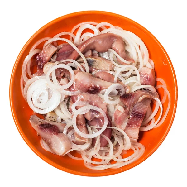 Top View Pickled Salted Herring Onion Bowl Isolated White Background — Stock Photo, Image