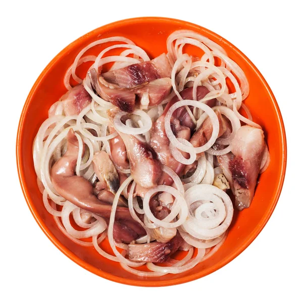 Top View Sliced Salted Herring Onion Bowl Isolated White Background — Stock Photo, Image