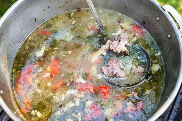 Top View Cook Central Asian Shurpa Sup Dari Daging Dan — Stok Foto