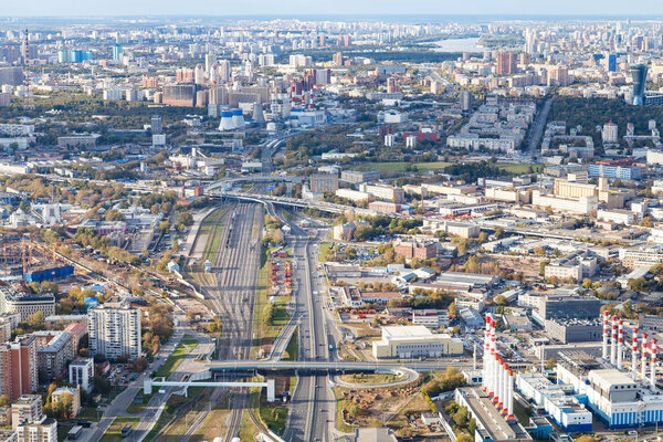 Above view of roads and northwest of Moscow from observation deck at the top of OKO tower in autumn