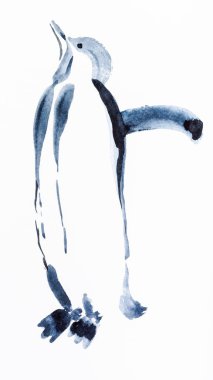 hand painting in sumi-e style on white paper - penguin bird drawn by black watercolors clipart
