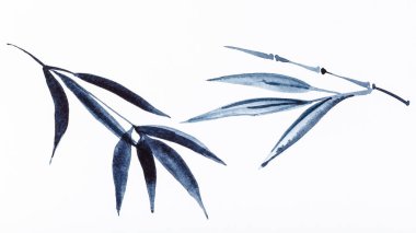 sumi-e stil beyaz kağıt üzerinde-resimde siyah suluboya tarafından çizilmiş bambu twigs el