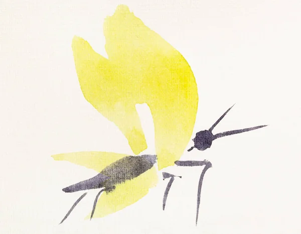 手のクリーム紙 黒の水彩絵の具で描かれた黄色の翼を持つ蝶に墨絵風の絵 — ストック写真