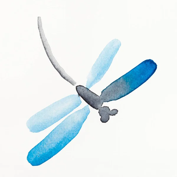Kézi Festés Filctoll Stílusú Fehér Papírra Szitakötő Akvarelljei Rajzolta Kék — Stock Fotó