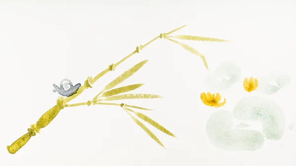 水彩画で描かれた睡蓮池上竹トランクに沿って這ってカタツムリ クリーム紙に墨絵風の絵手します — ストック写真
