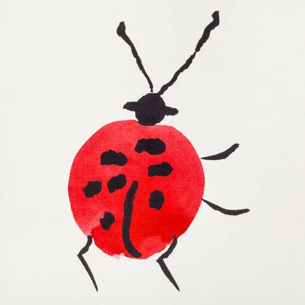 Hand Painting Sumi Style Cream Paper Ladybug Drawn Red Black — Stock Photo, Image