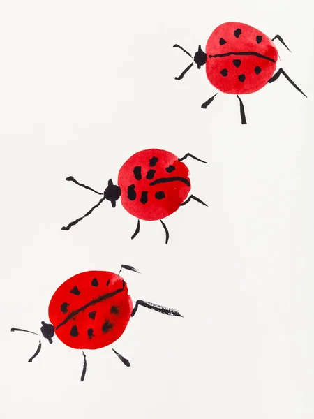 Hand Painting Sumi Style Cream Paper Three Ladybugs Drawn Red — Stock Photo, Image