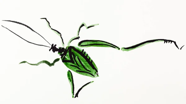 Hand Painting Sumi Style Cream Paper Grasshopper Drawn Green Black — Stock Photo, Image