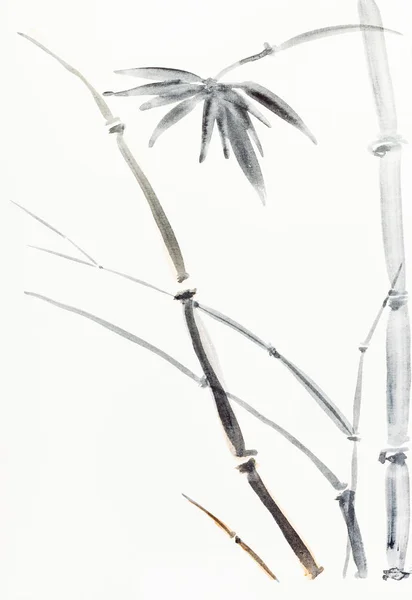 Hand Painting Sumi Style Cream Paper Bamboo Bush Drawn Black — Stock Photo, Image