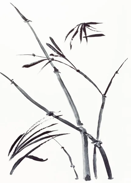 Hand Painting Sumi Style Cream Paper Bamboo Plant Drawn Black — Stock Photo, Image