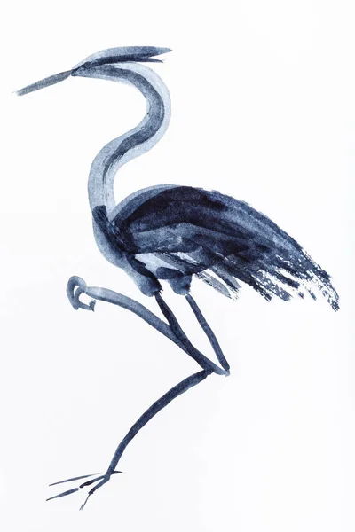 Sumi Tarzı Beyaz Kağıt Siyah Suluboya Tarafından Çizilmiş Balıkçıl Kuşu — Stok fotoğraf