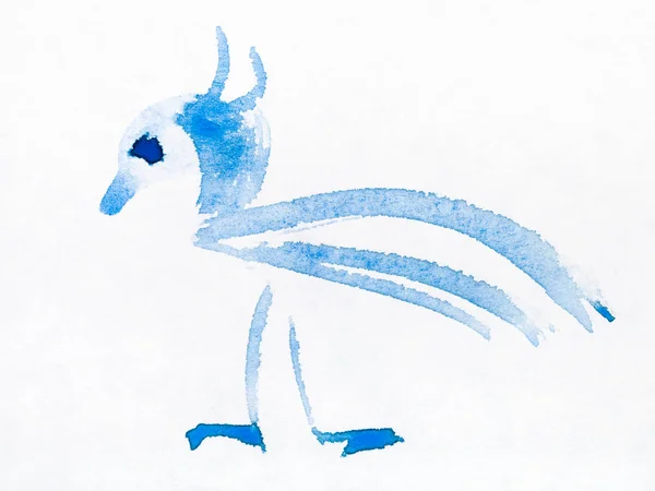 Sumi Tarzı Beyaz Kağıt Mavi Dekoratif Kuş Suluboya Tarafından Çizilmiş — Stok fotoğraf