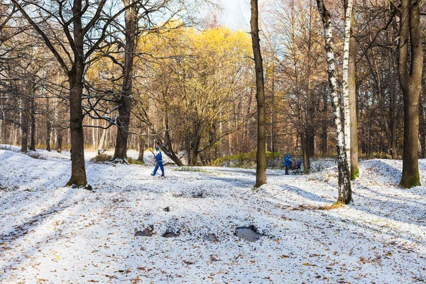 Vista Del Parque Ciudad Cubierto Con Primera Nieve Soleado Día —  Fotos de Stock