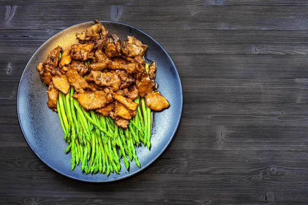 Chinese Cuisine Dish Top View Beef Fried Soy Sauce Green — Stock Photo, Image