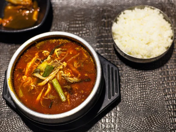 Cocina Coreana Vista Superior Yukgaejang Sopa Caliente Picante Con Carne — Foto de Stock