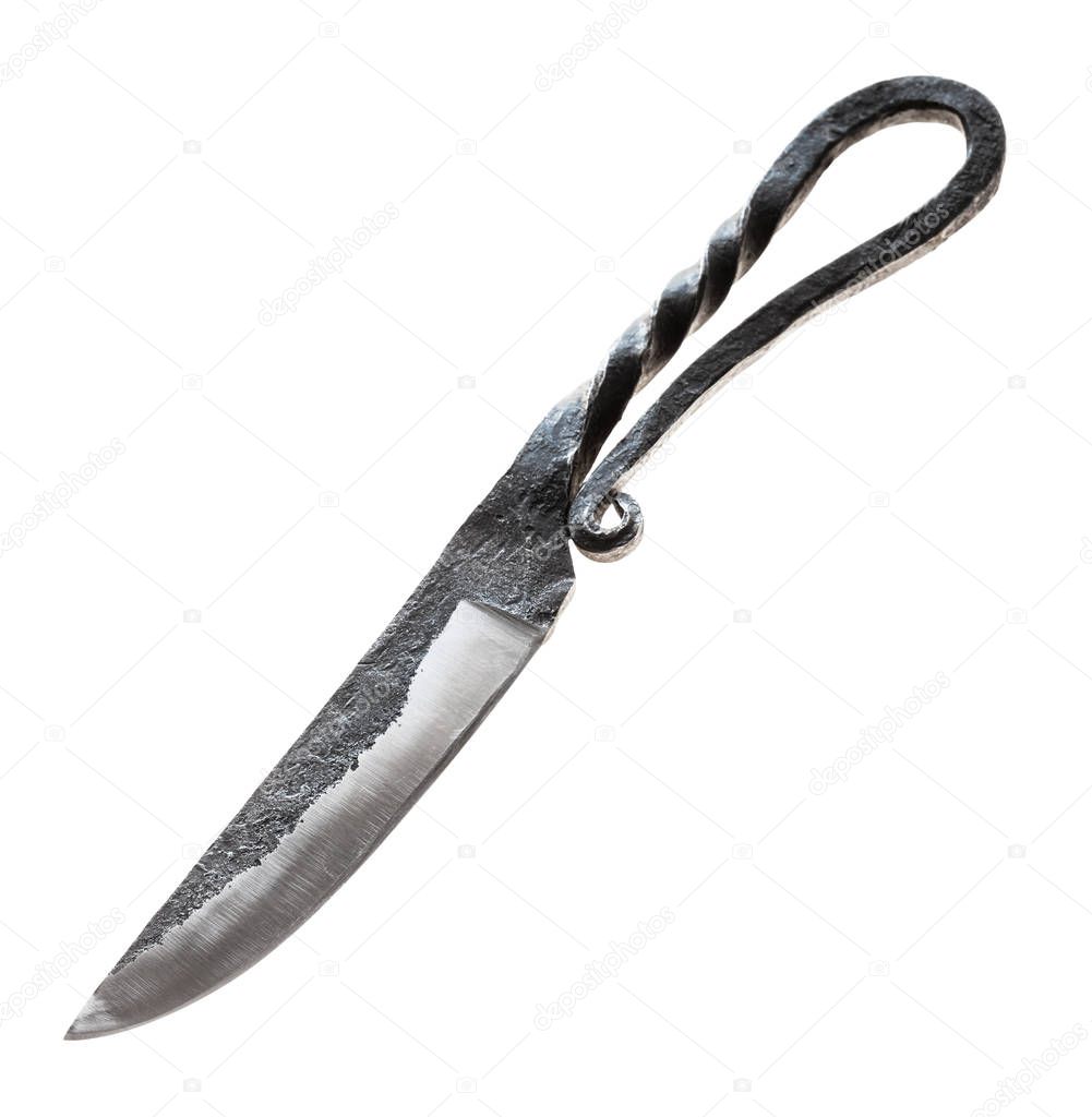 handmade forged rustic-style skeletal knife Kuyabrik ( blacksmith knife) isolated on white background