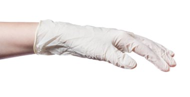 Beyaz arkaplanda izole edilmiş lateks eldivenli gevşek avuç içi yan görünümü