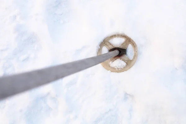 Top View Old Ski Pole Snowy Field Winter Twilight — Stock Photo, Image