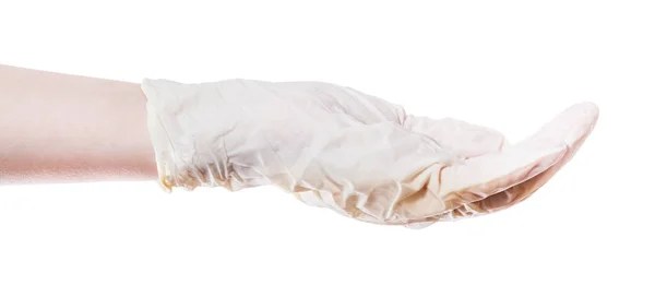 Beyaz Arkaplanda Izole Edilmiş Lateks Eldiven Içindeki Boş Avuç Içi — Stok fotoğraf