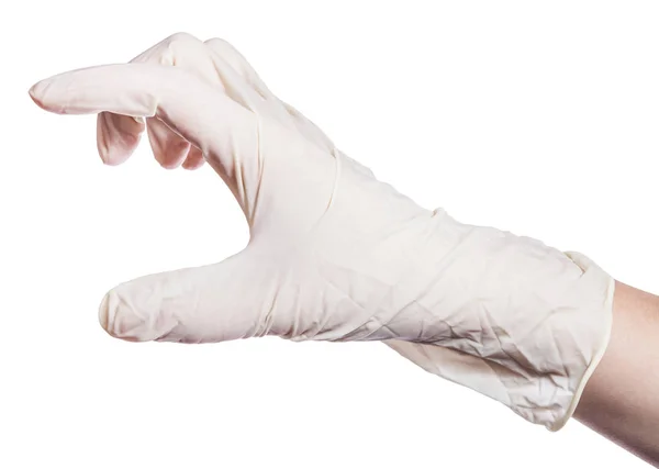 Kvinnlig Hand Latexhandske Visar Stor Storlek Isolerad Vit Bakgrund — Stockfoto