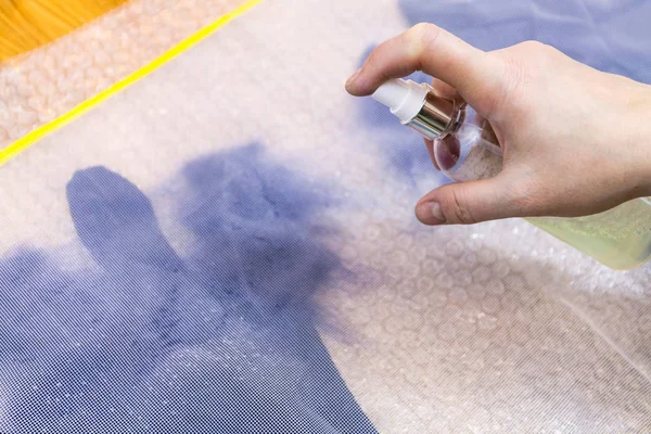 Workshop Hand Making Fleece Gloves Blue Merino Sheep Wool Using — Stock Photo, Image