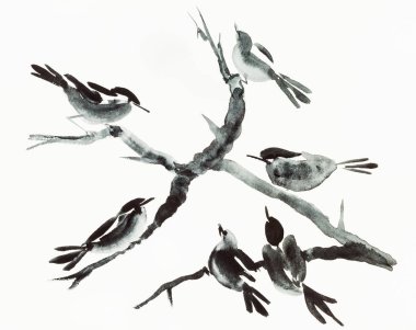 training drawing in sumi-e (suibokuga) style with watercolor paints - birds on tree are hand drawn on creamy paper clipart