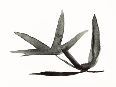Eğitim çizim suluboya boya - sumi-e (suibokuga) tarzında bambu dal kremalı kağıt üzerine çizilmiş eldir