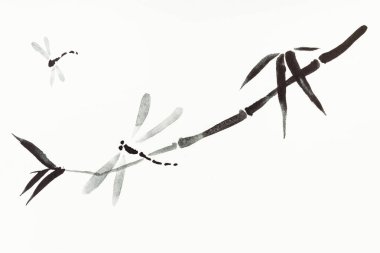 sumi-e (suibokuga) tarzı suluboya boya - yusufçuk ve reed ile çizim eğitim kremalı kağıt üzerine çizilmiş el vardır
