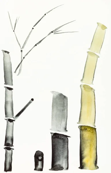 Utbildning Ritning Sumi Suibokuga Stil Med Akvarell Färger Bambu Stammar — Stockfoto