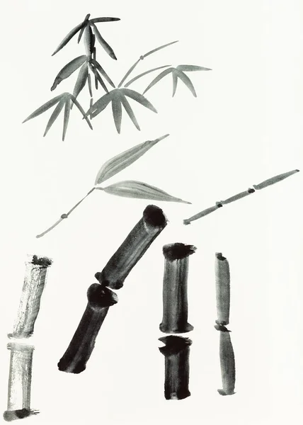 Training Drawing Sumi Suibokuga Style Watercolor Paints Bamboo Details Hand — Stock Photo, Image