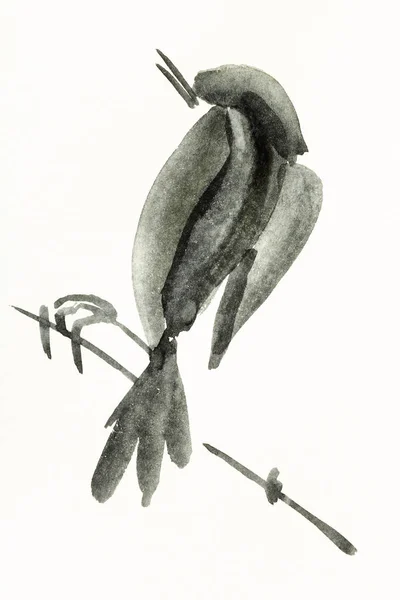 Training Drawing Sumi Suibokuga Style Watercolor Paints Bird Twig Hand — Stock Photo, Image