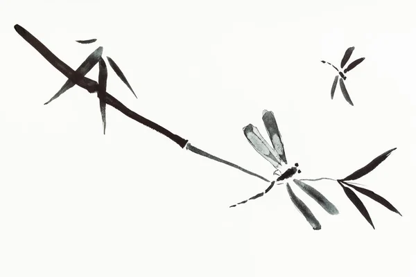 Training Drawing Sumi Suibokuga Style Watercolor Paints Dragonflies Bamboo Twig — Stock Photo, Image