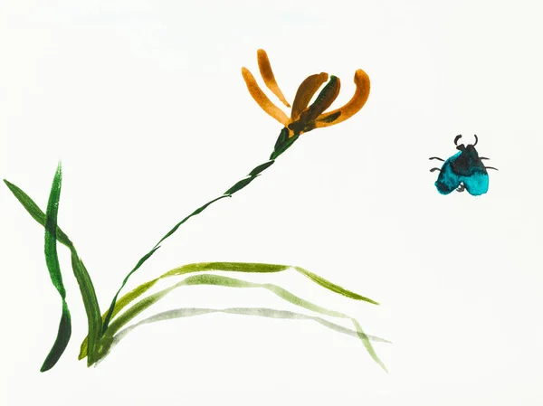 Training Drawing Sumi Suibokuga Style Watercolor Paints Bug Iris Flower — Stock Photo, Image