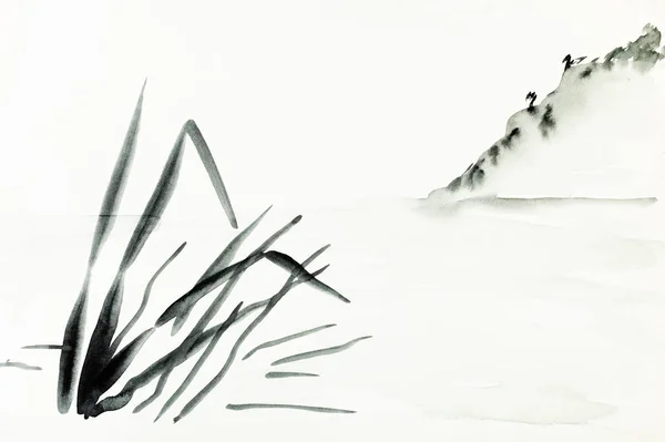 水彩画的苏美尔风格的练习画 山坡岸的风景是用乳白色的纸手绘的 — 图库照片