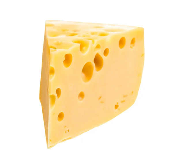 三角形黄半硬母牛乳清乳酪片 内孔在白色背景上隔离 — 图库照片