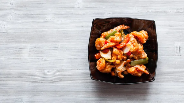 Korean Cuisine Top View Stir Fried Shrimps Cashew Nuts Vegetables — Stock Photo, Image