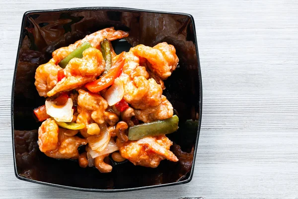 Korean Cuisine Top View Stir Fried Shrimps Cashew Nuts Vegetables — Stock Photo, Image