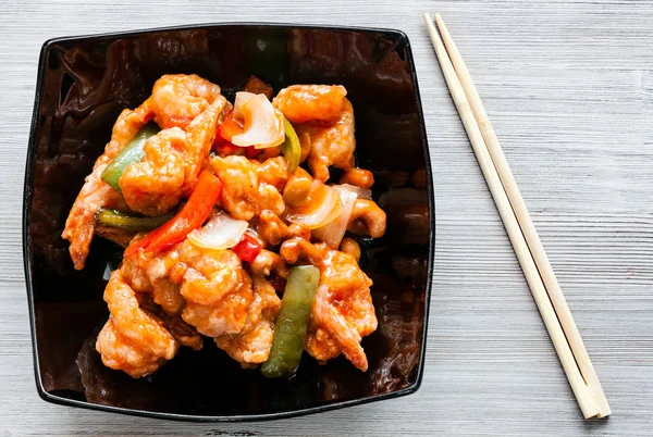 Koreanische Küche Draufsicht Auf Gebratene Garnelen Mit Cashewnüssen Und Gemüse — Stockfoto