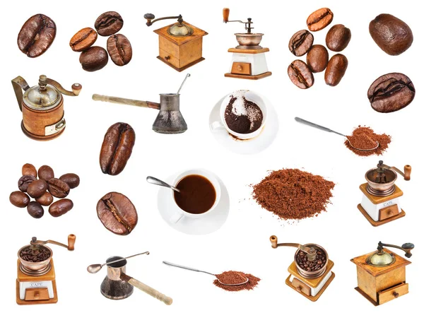 Set Coffee Beans Ground Powder Coffee Mills Drinks Cups Isolated — Stock Photo, Image