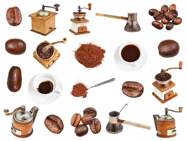 Collage Coffee Beans Ground Powder Coffee Mills Drinks Cups Isolated — Stock Photo, Image