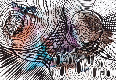 Soyut siyah daire süsleme el boyalı Künye yukarıda siyah mürekkep tarafından suluboya monotype teknikte çizilmiş kağıt üzerine çizilmiş