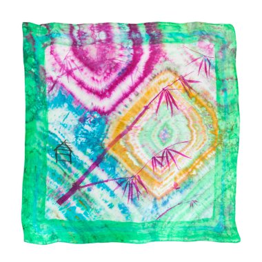 İpek eşarp handpainted batik tekniği resim Sumi-E (Suibokuga) stil ve hiyeroglif soyut Nodüler renkli süs beyaz arka plan üzerinde izole baharda bambu ile