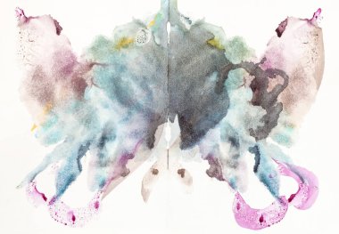 suluboya monotype teknikte beyaz kağıt üzerine çizilmiş soyut noktalar şeklinde bir kelebek el boyalı